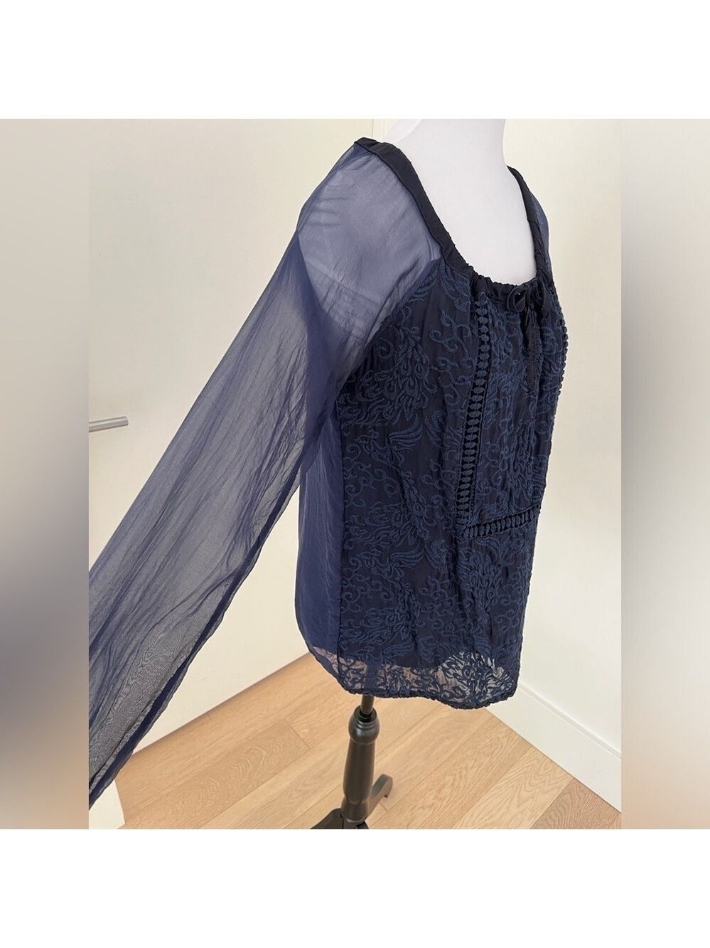 ELENA BALDI Sheer Silk Peasant Navy Blue Blouse Lined  Front Embroidery Low Neck